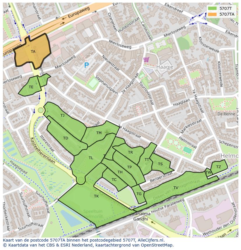Afbeelding van het postcodegebied 5707 TA op de kaart.