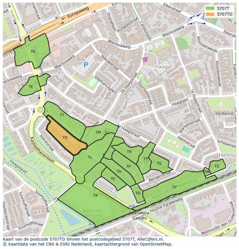 Afbeelding van het postcodegebied 5707 TD op de kaart.