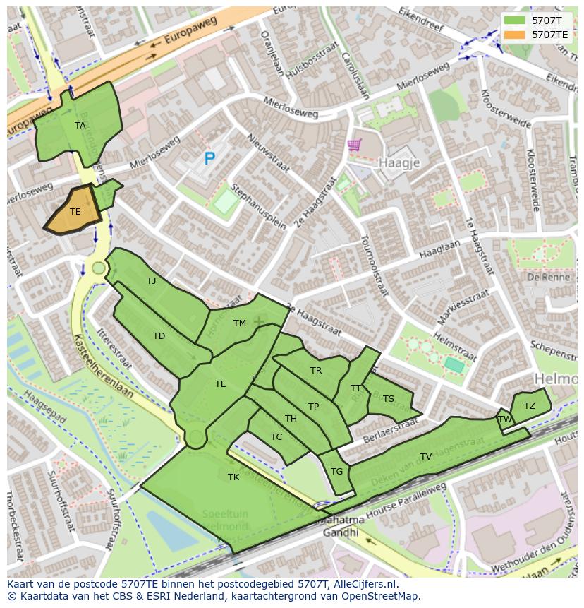 Afbeelding van het postcodegebied 5707 TE op de kaart.