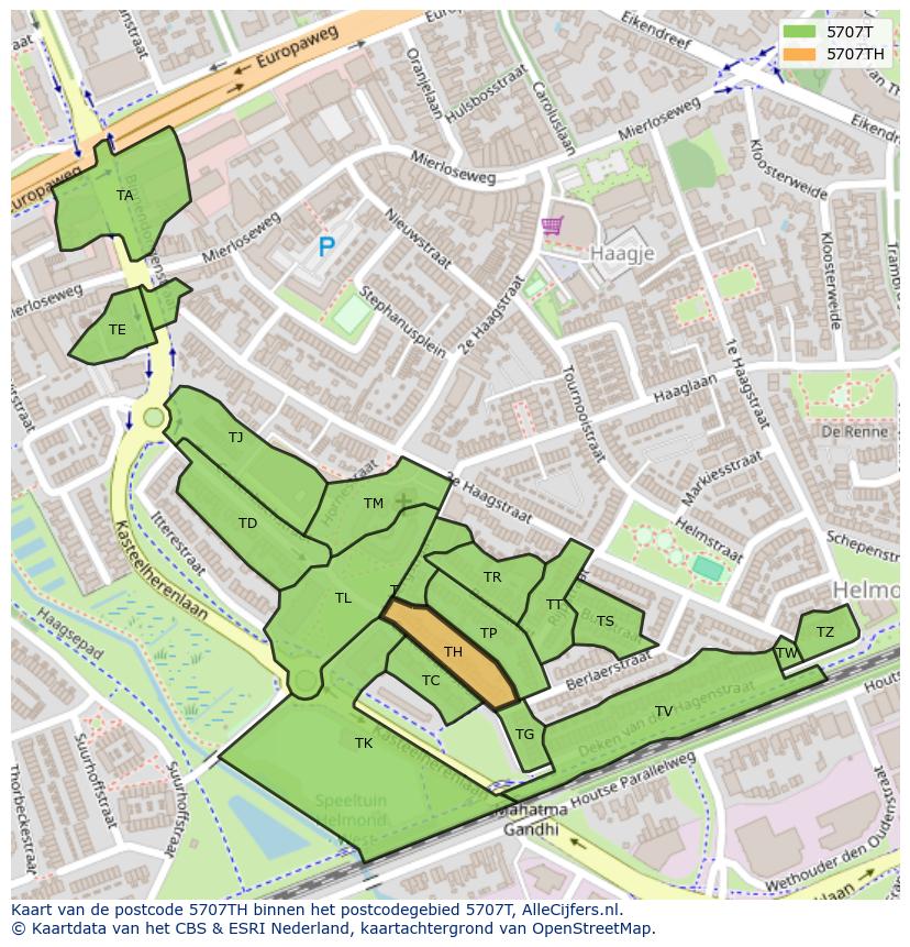 Afbeelding van het postcodegebied 5707 TH op de kaart.