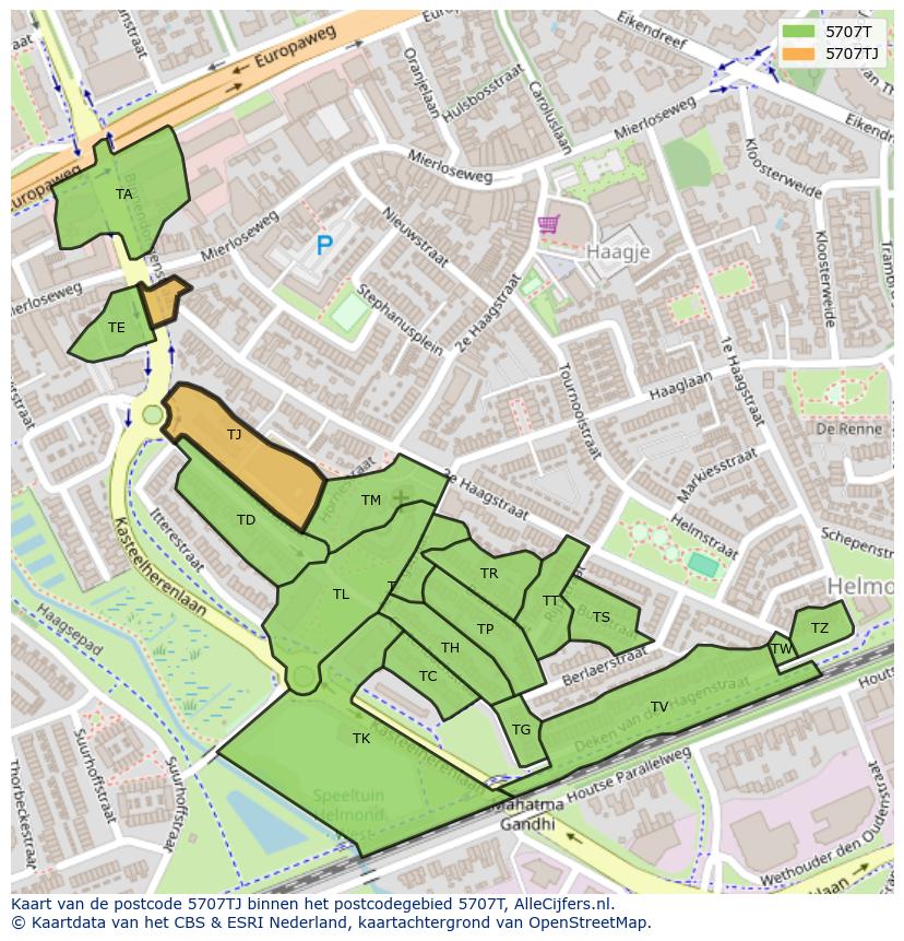 Afbeelding van het postcodegebied 5707 TJ op de kaart.
