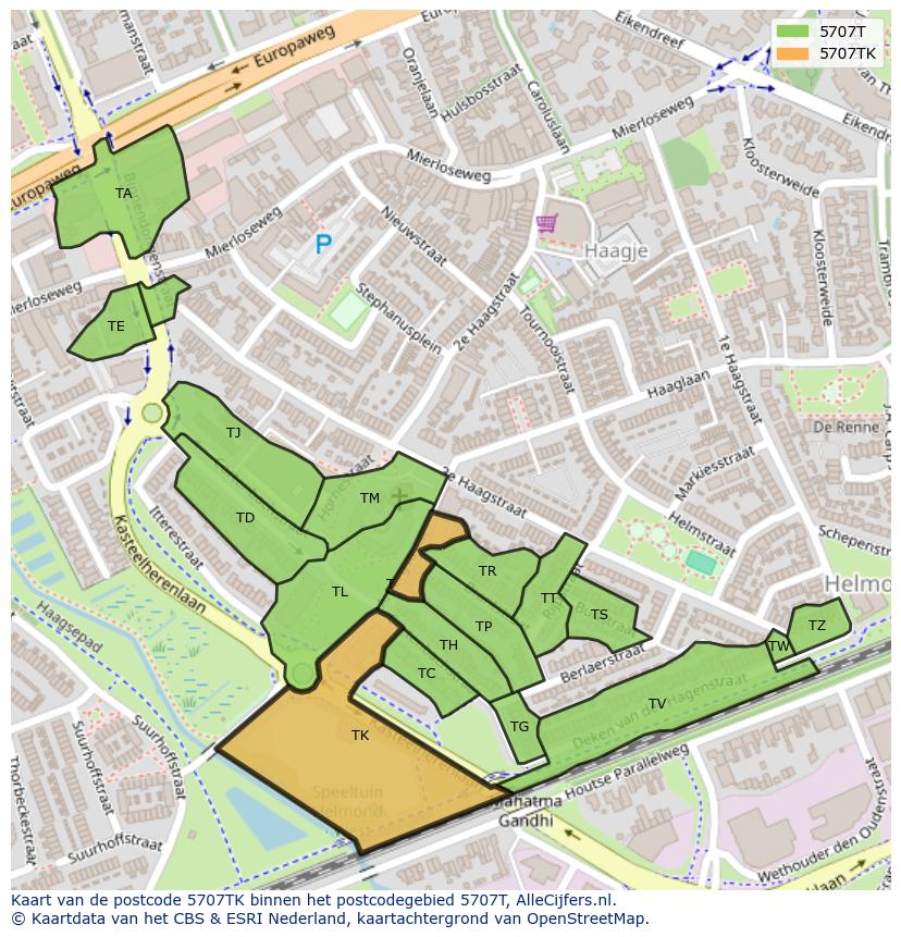 Afbeelding van het postcodegebied 5707 TK op de kaart.