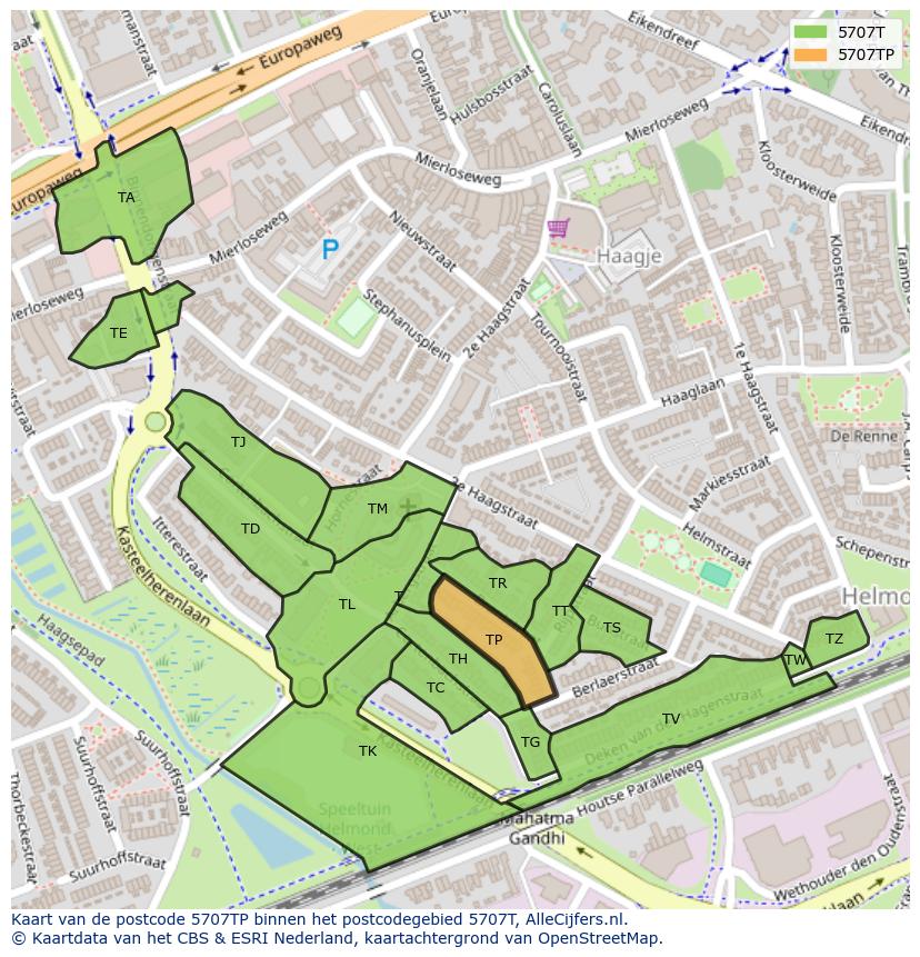 Afbeelding van het postcodegebied 5707 TP op de kaart.
