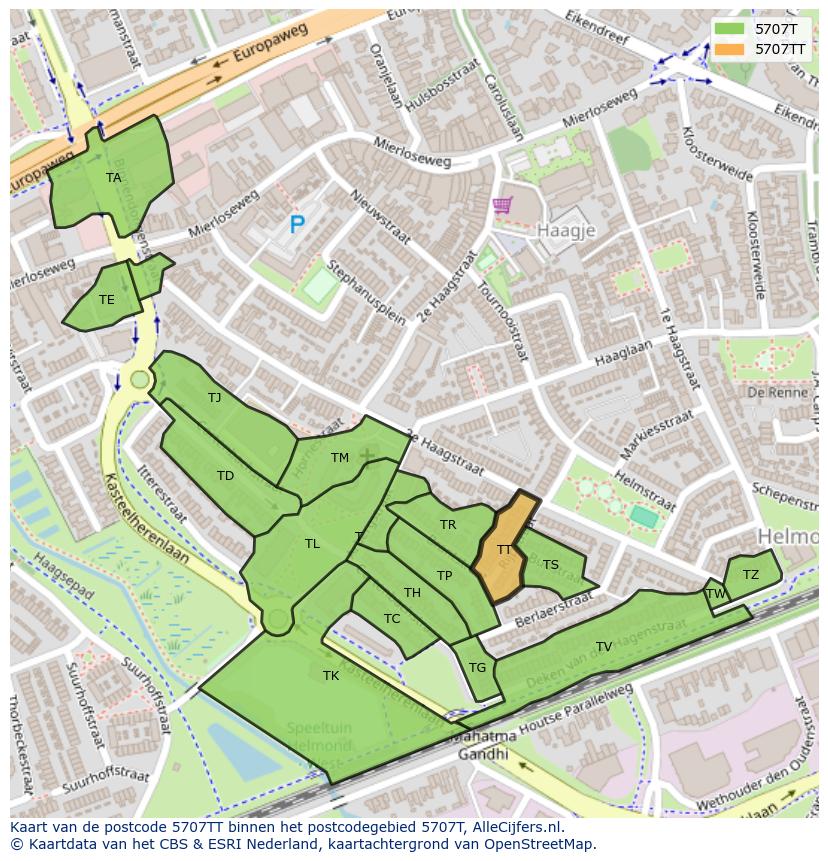 Afbeelding van het postcodegebied 5707 TT op de kaart.