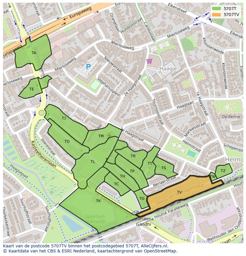 Afbeelding van het postcodegebied 5707 TV op de kaart.