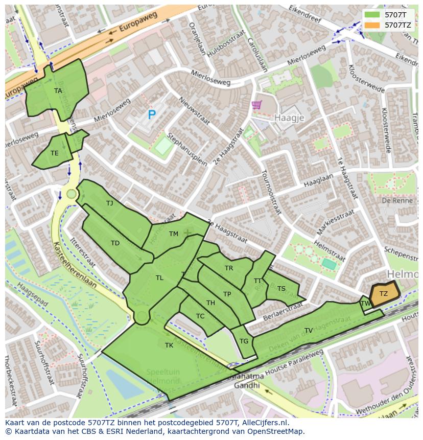 Afbeelding van het postcodegebied 5707 TZ op de kaart.