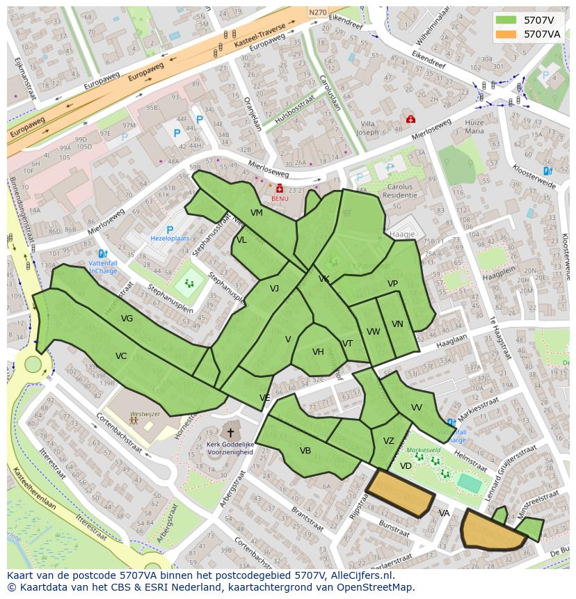Afbeelding van het postcodegebied 5707 VA op de kaart.
