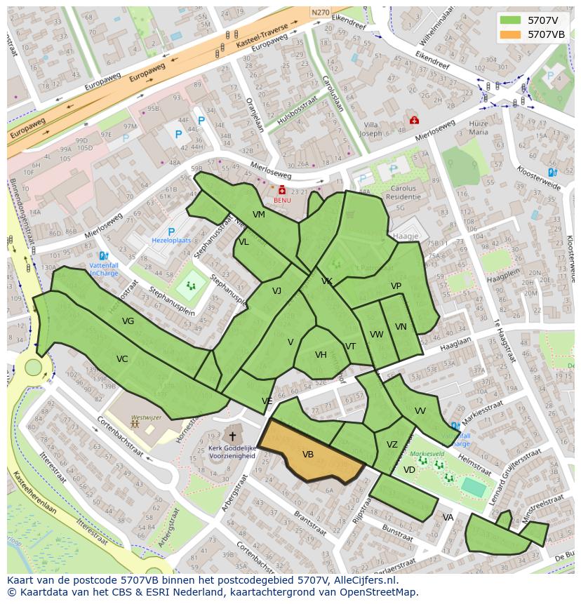 Afbeelding van het postcodegebied 5707 VB op de kaart.