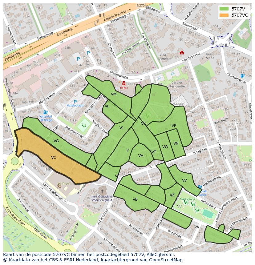 Afbeelding van het postcodegebied 5707 VC op de kaart.