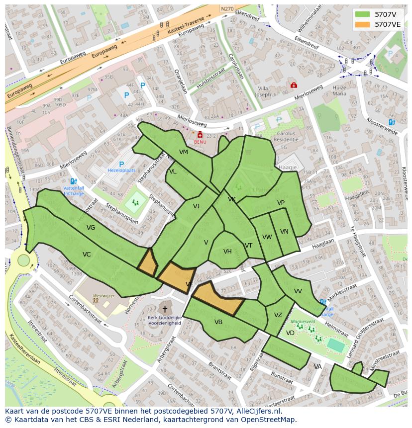 Afbeelding van het postcodegebied 5707 VE op de kaart.