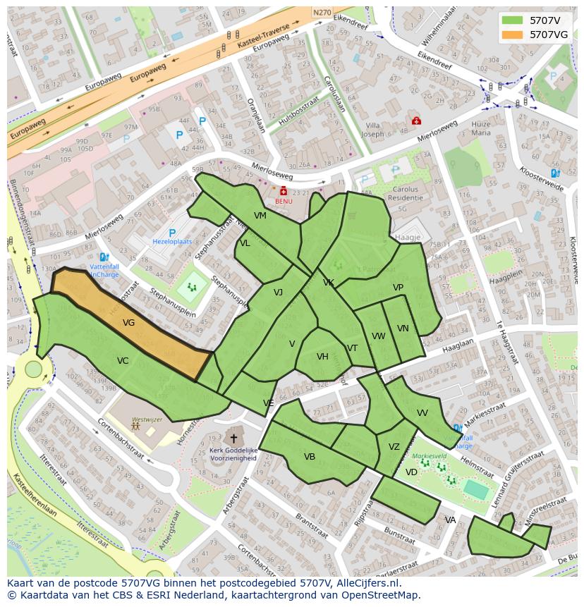 Afbeelding van het postcodegebied 5707 VG op de kaart.