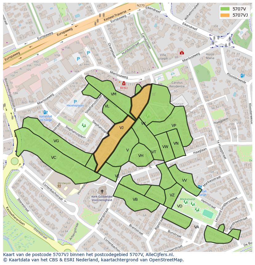 Afbeelding van het postcodegebied 5707 VJ op de kaart.
