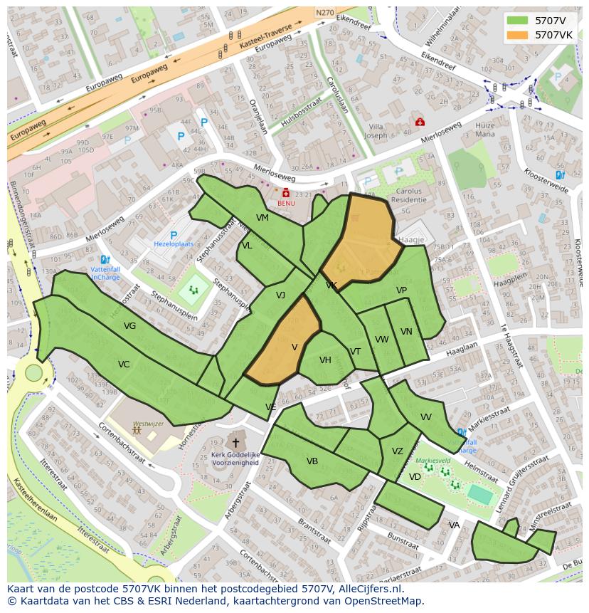 Afbeelding van het postcodegebied 5707 VK op de kaart.
