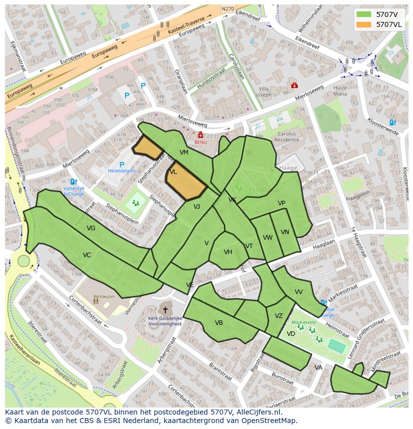 Afbeelding van het postcodegebied 5707 VL op de kaart.