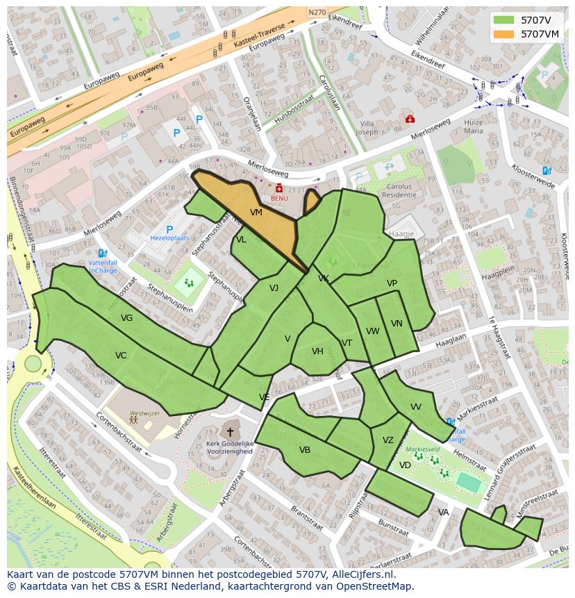 Afbeelding van het postcodegebied 5707 VM op de kaart.