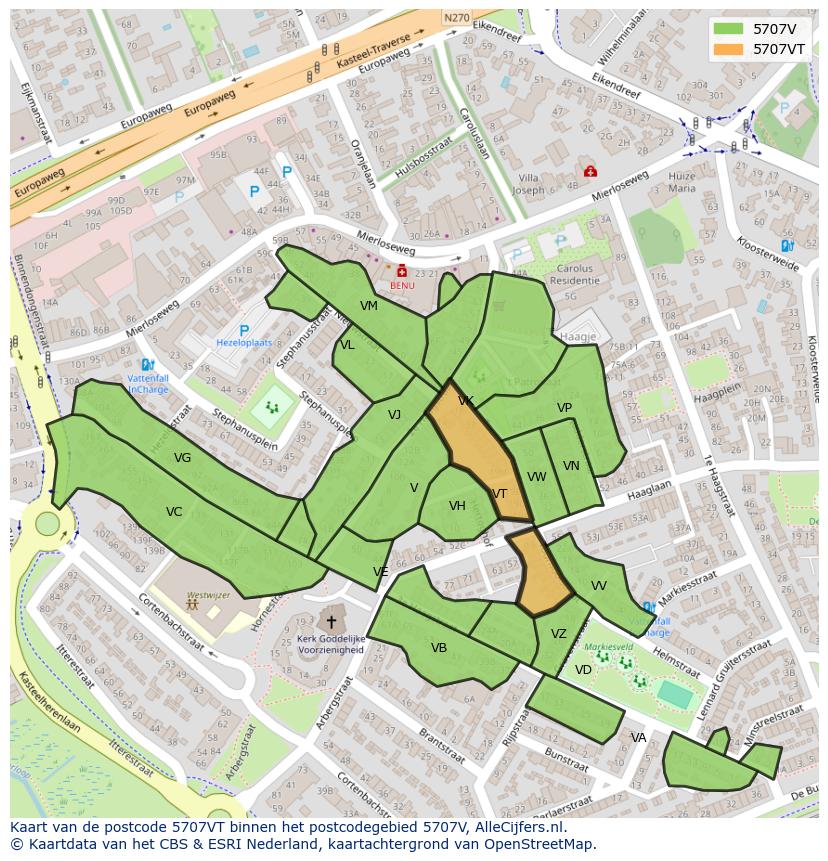 Afbeelding van het postcodegebied 5707 VT op de kaart.