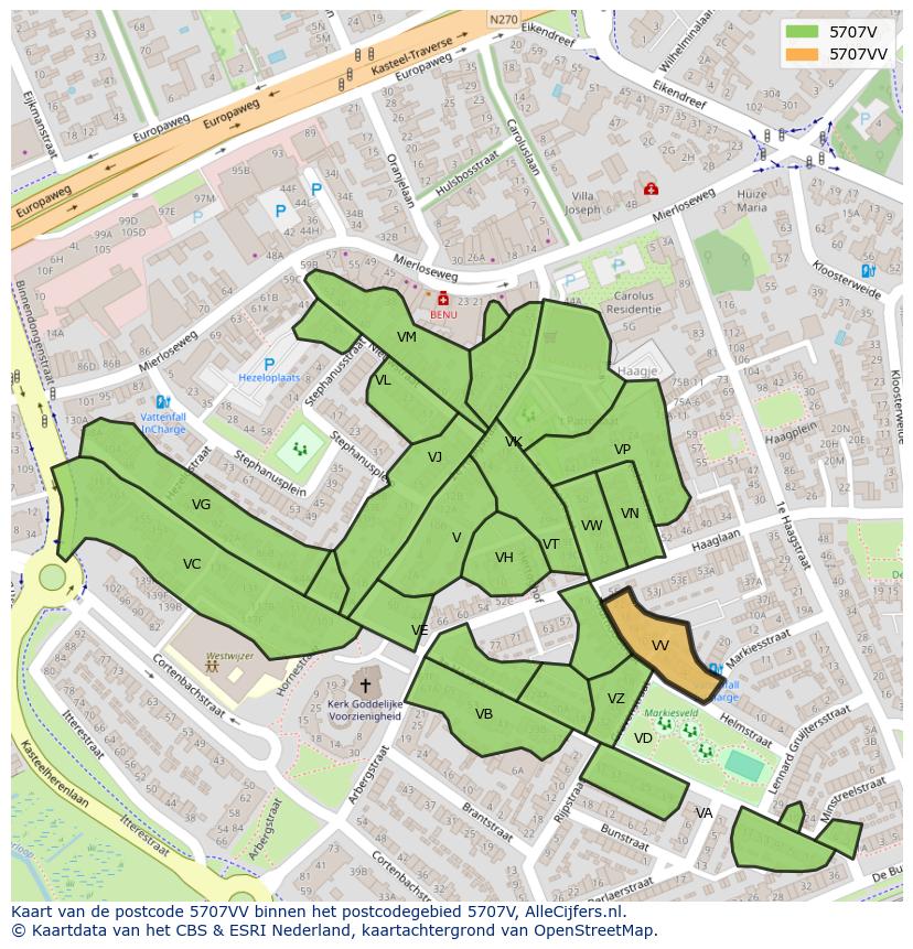 Afbeelding van het postcodegebied 5707 VV op de kaart.