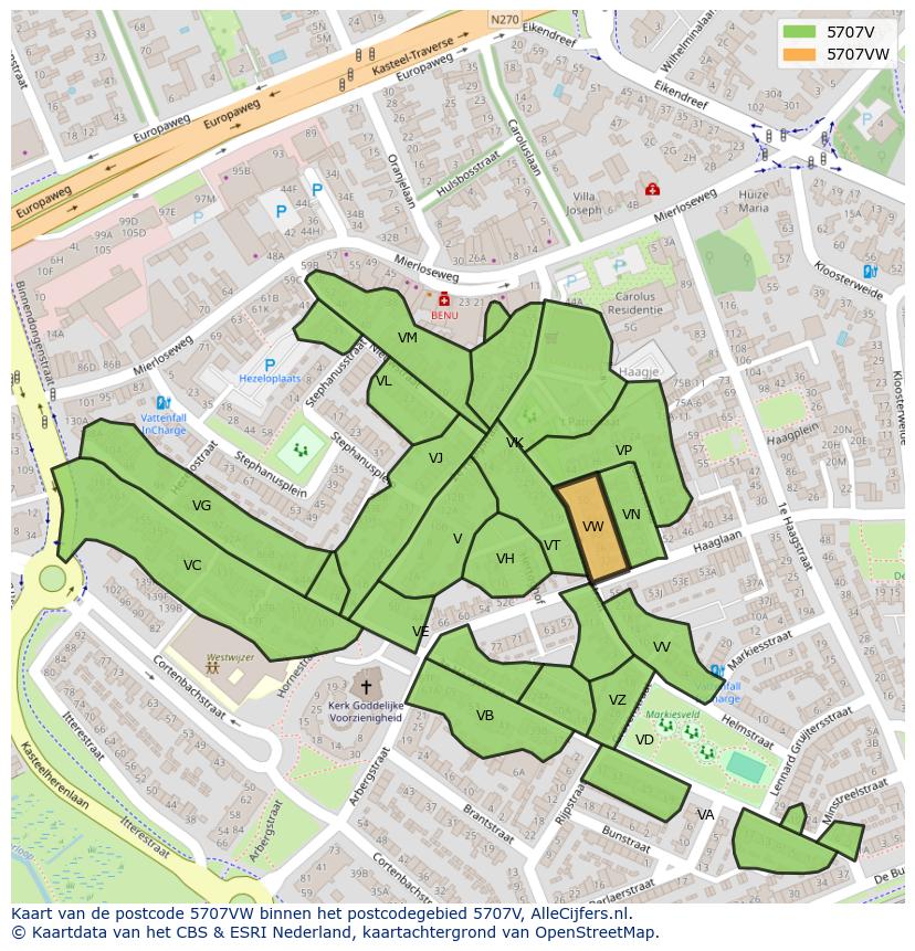 Afbeelding van het postcodegebied 5707 VW op de kaart.