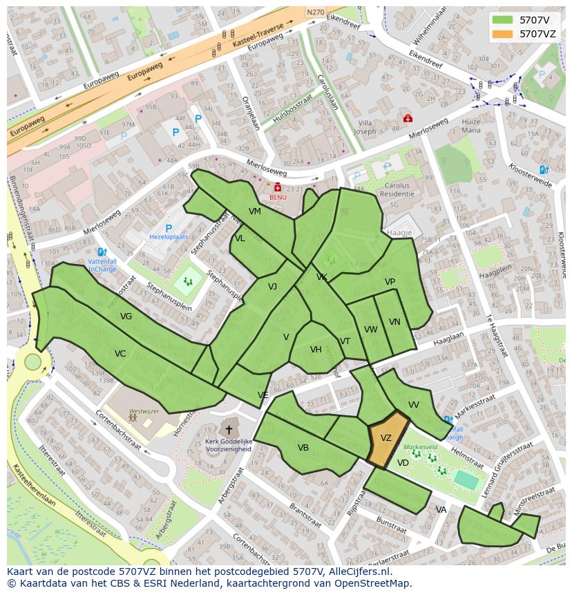 Afbeelding van het postcodegebied 5707 VZ op de kaart.