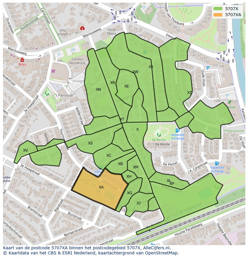 Afbeelding van het postcodegebied 5707 XA op de kaart.