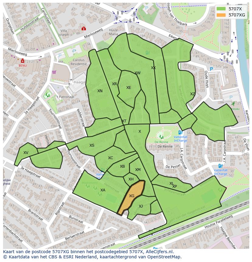 Afbeelding van het postcodegebied 5707 XG op de kaart.