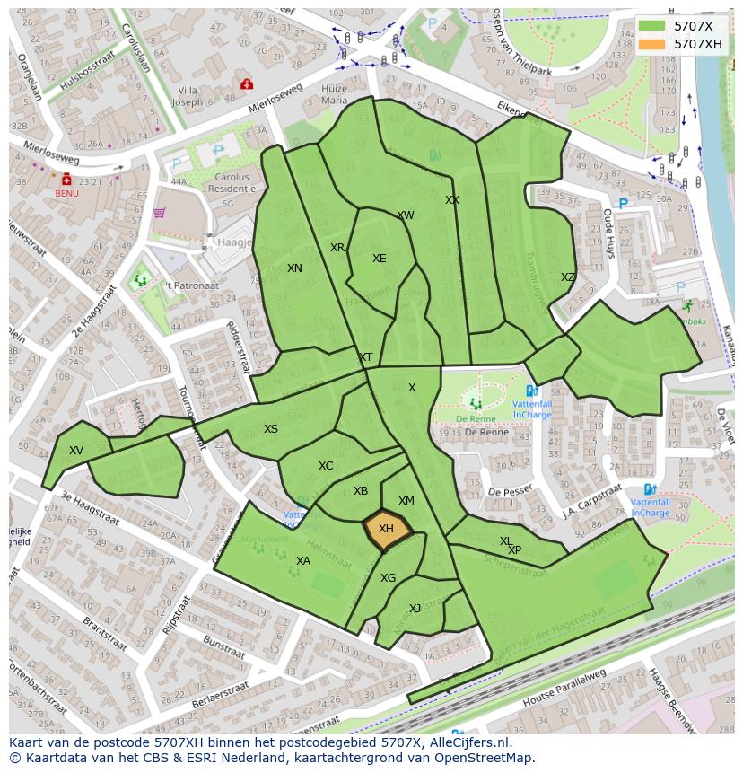 Afbeelding van het postcodegebied 5707 XH op de kaart.