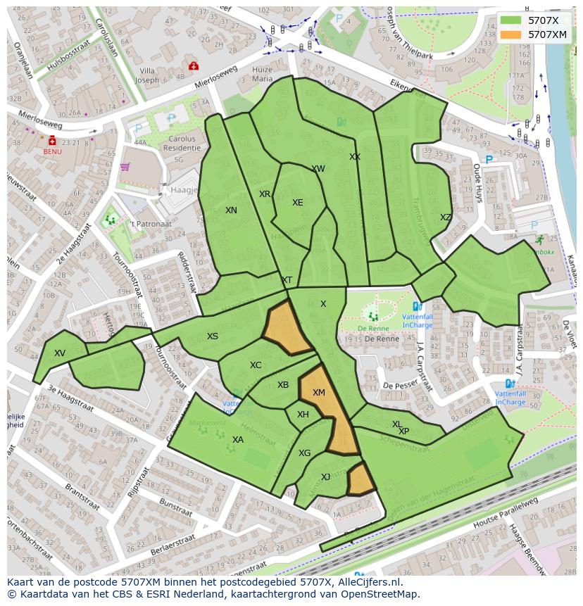 Afbeelding van het postcodegebied 5707 XM op de kaart.