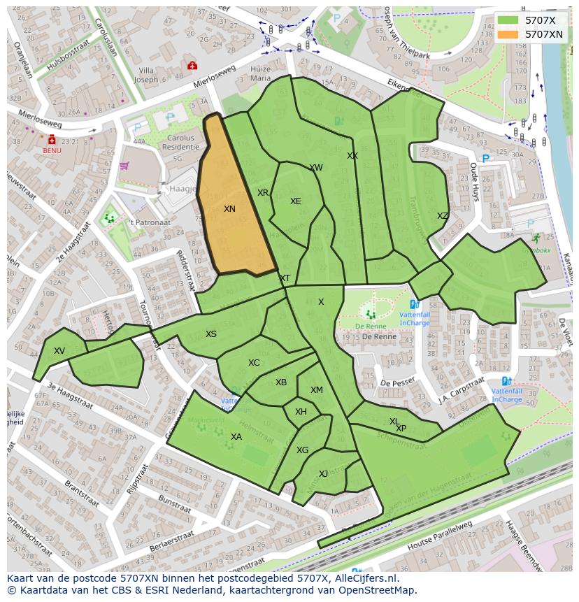 Afbeelding van het postcodegebied 5707 XN op de kaart.