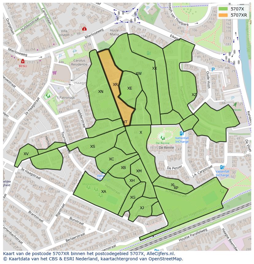 Afbeelding van het postcodegebied 5707 XR op de kaart.
