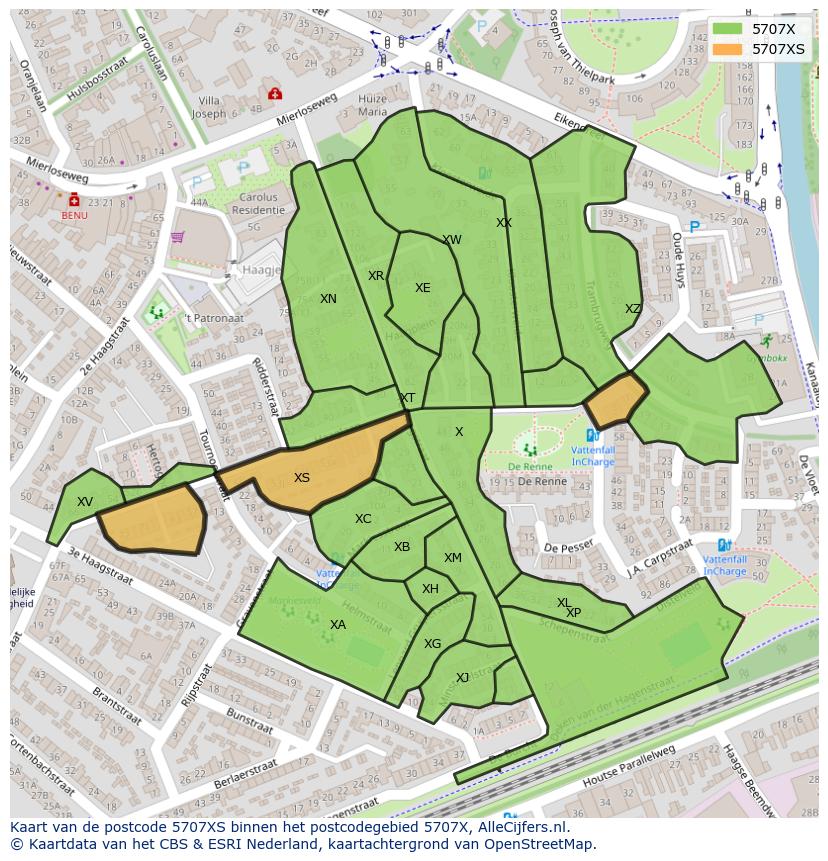 Afbeelding van het postcodegebied 5707 XS op de kaart.