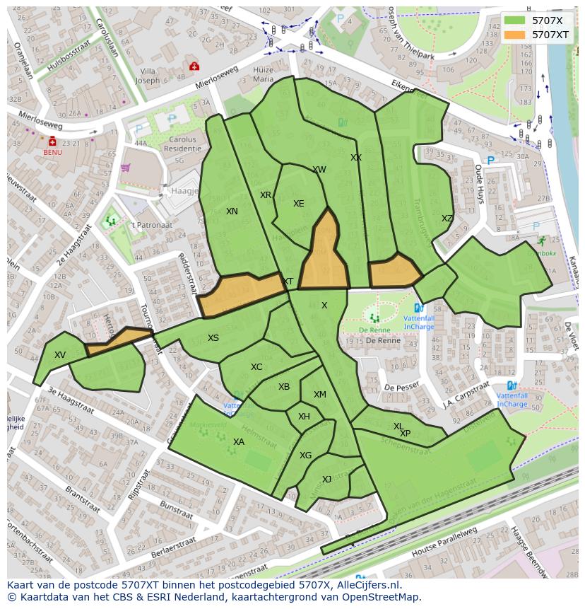 Afbeelding van het postcodegebied 5707 XT op de kaart.