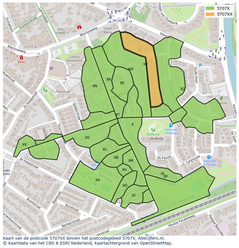 Afbeelding van het postcodegebied 5707 XX op de kaart.