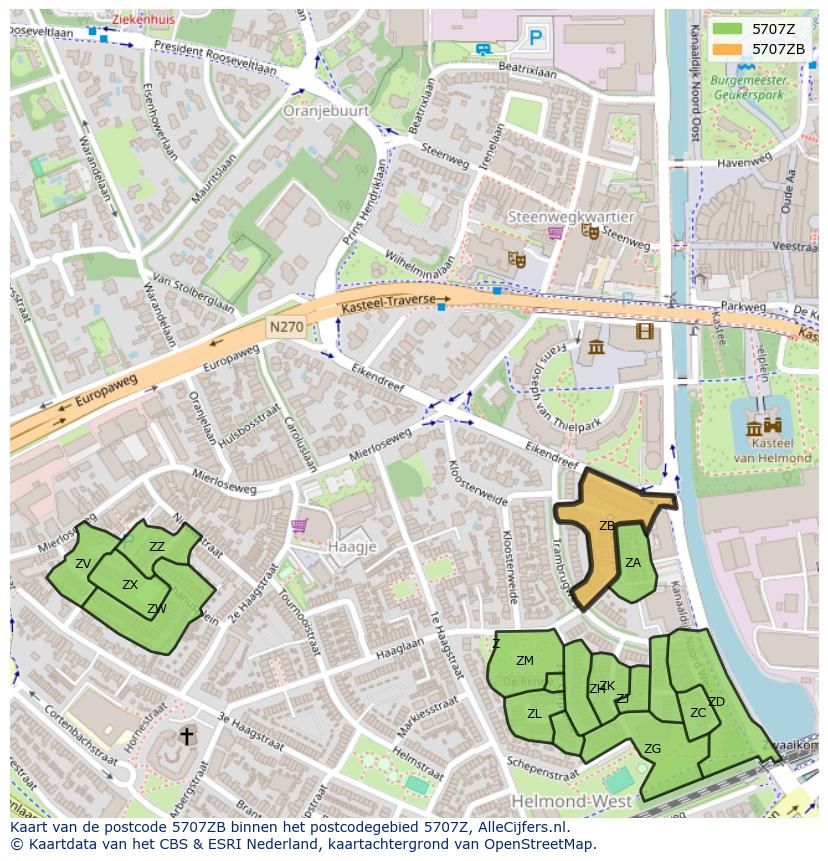 Afbeelding van het postcodegebied 5707 ZB op de kaart.