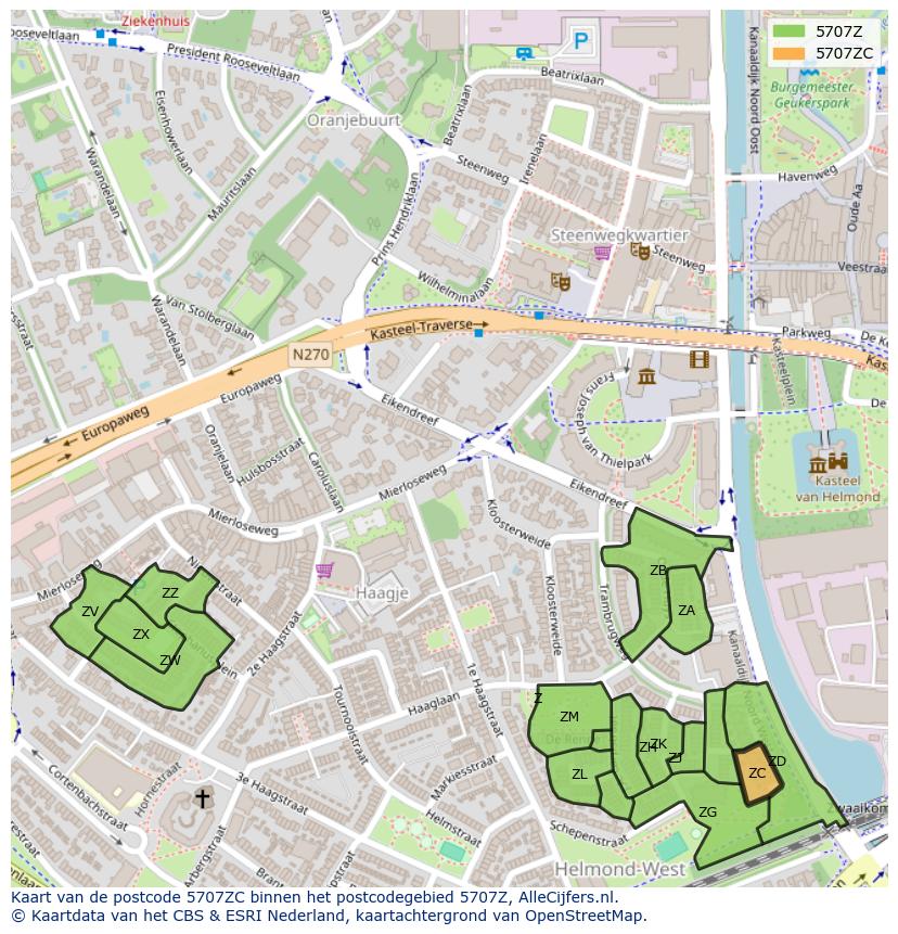 Afbeelding van het postcodegebied 5707 ZC op de kaart.