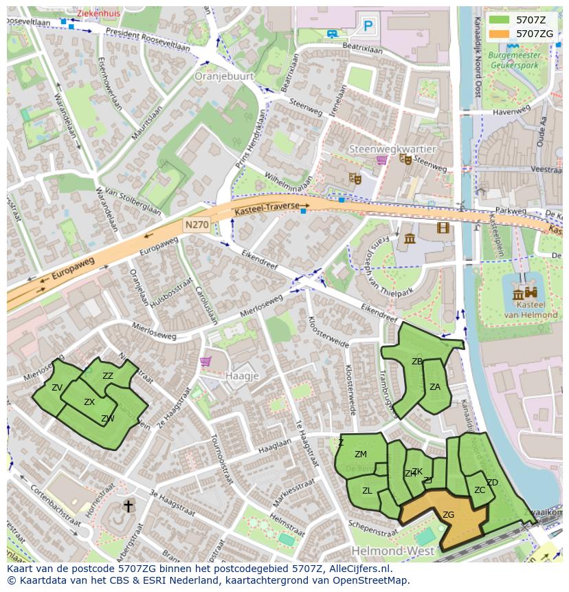 Afbeelding van het postcodegebied 5707 ZG op de kaart.