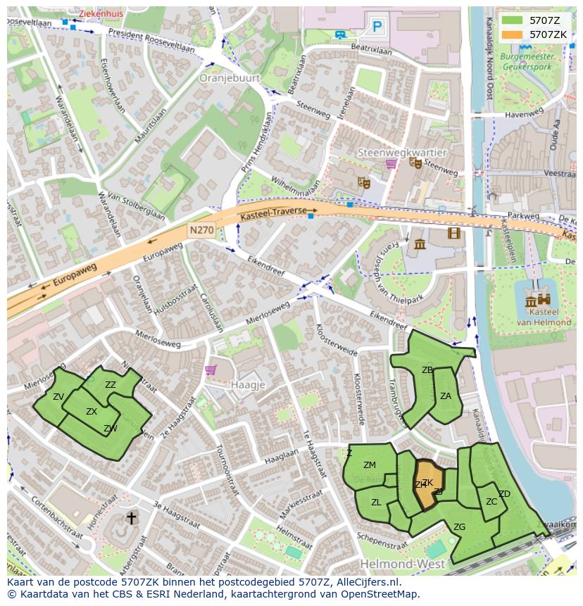 Afbeelding van het postcodegebied 5707 ZK op de kaart.