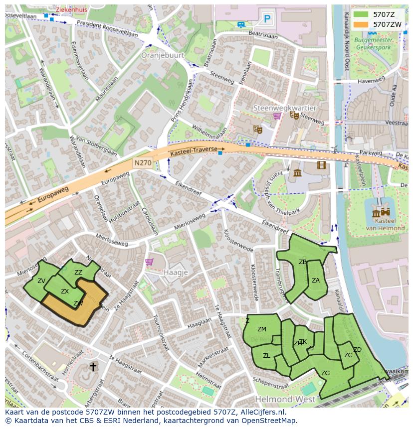 Afbeelding van het postcodegebied 5707 ZW op de kaart.