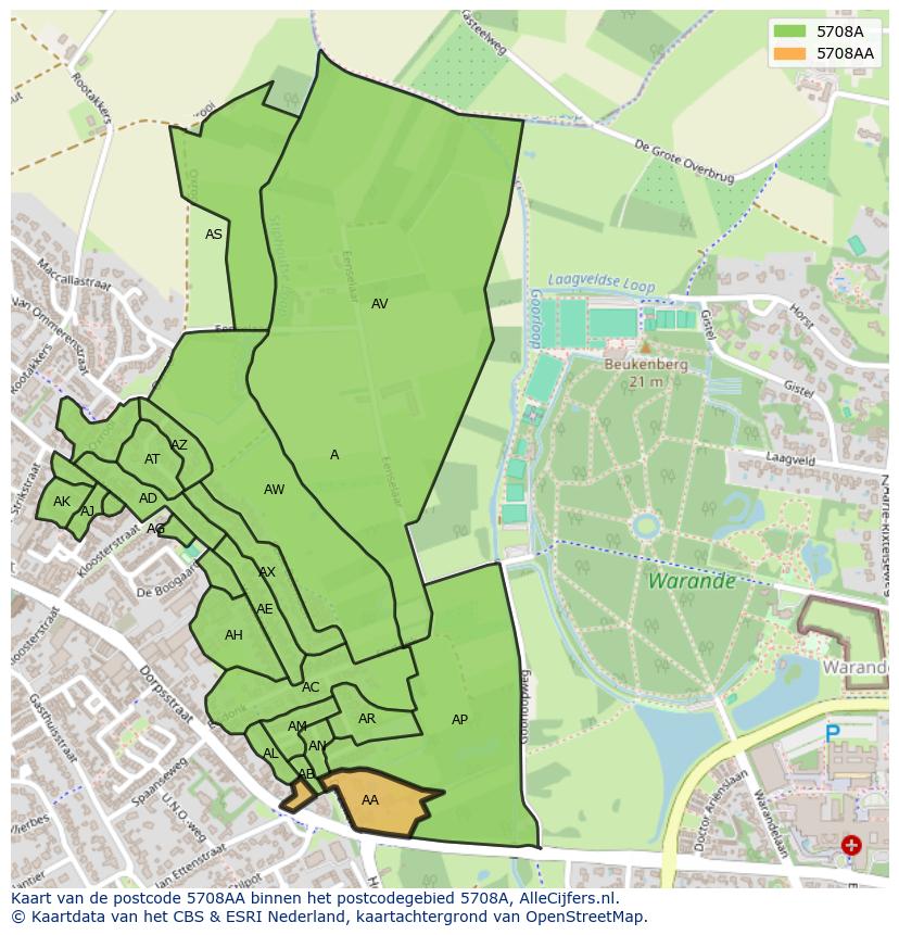 Afbeelding van het postcodegebied 5708 AA op de kaart.