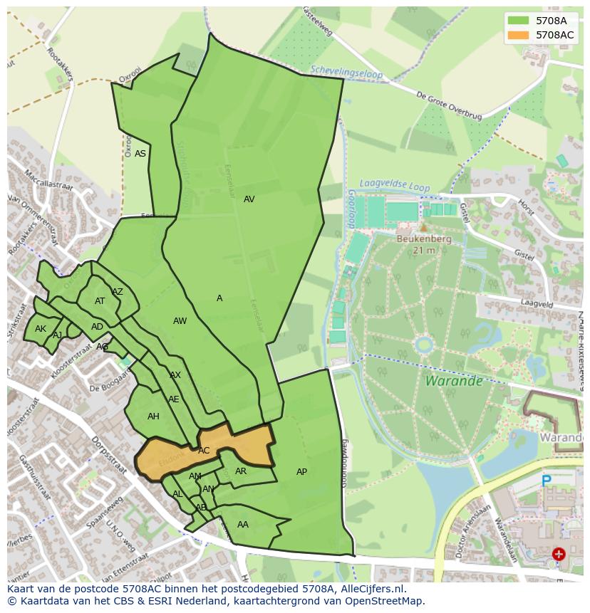 Afbeelding van het postcodegebied 5708 AC op de kaart.