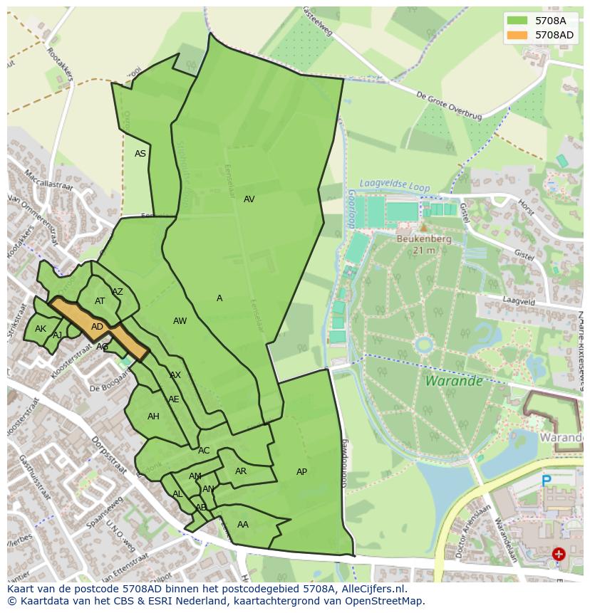 Afbeelding van het postcodegebied 5708 AD op de kaart.