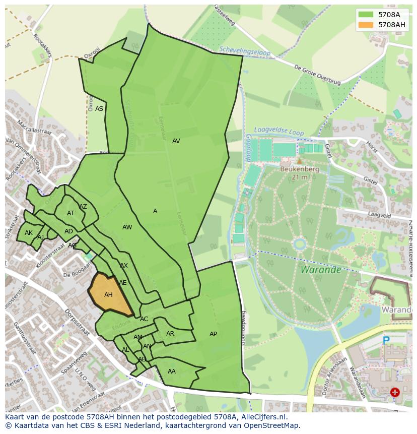Afbeelding van het postcodegebied 5708 AH op de kaart.