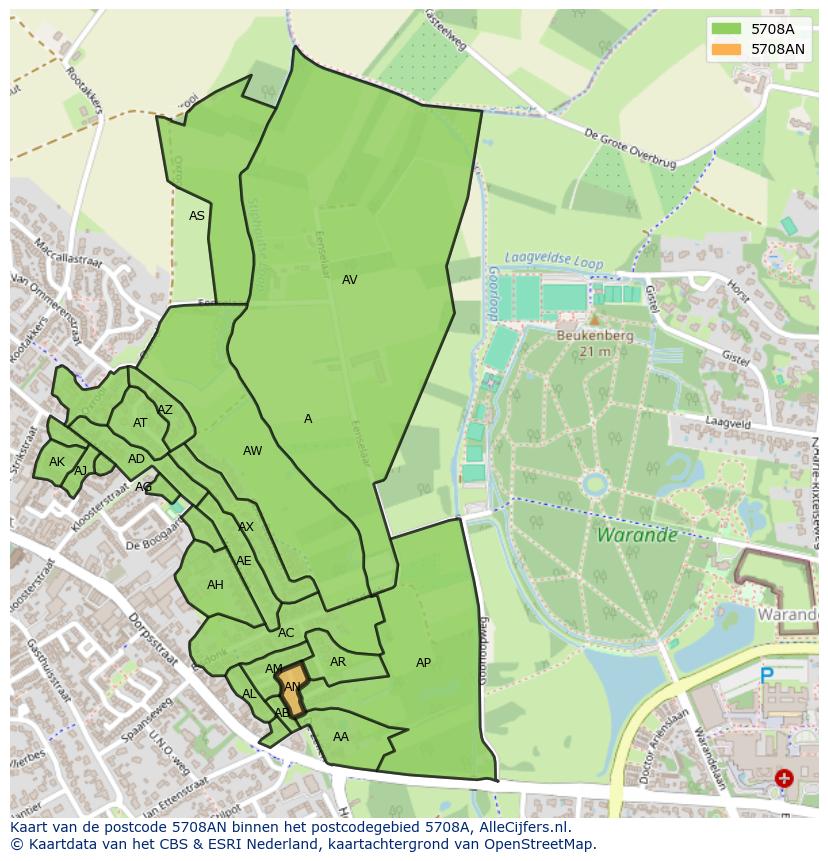 Afbeelding van het postcodegebied 5708 AN op de kaart.