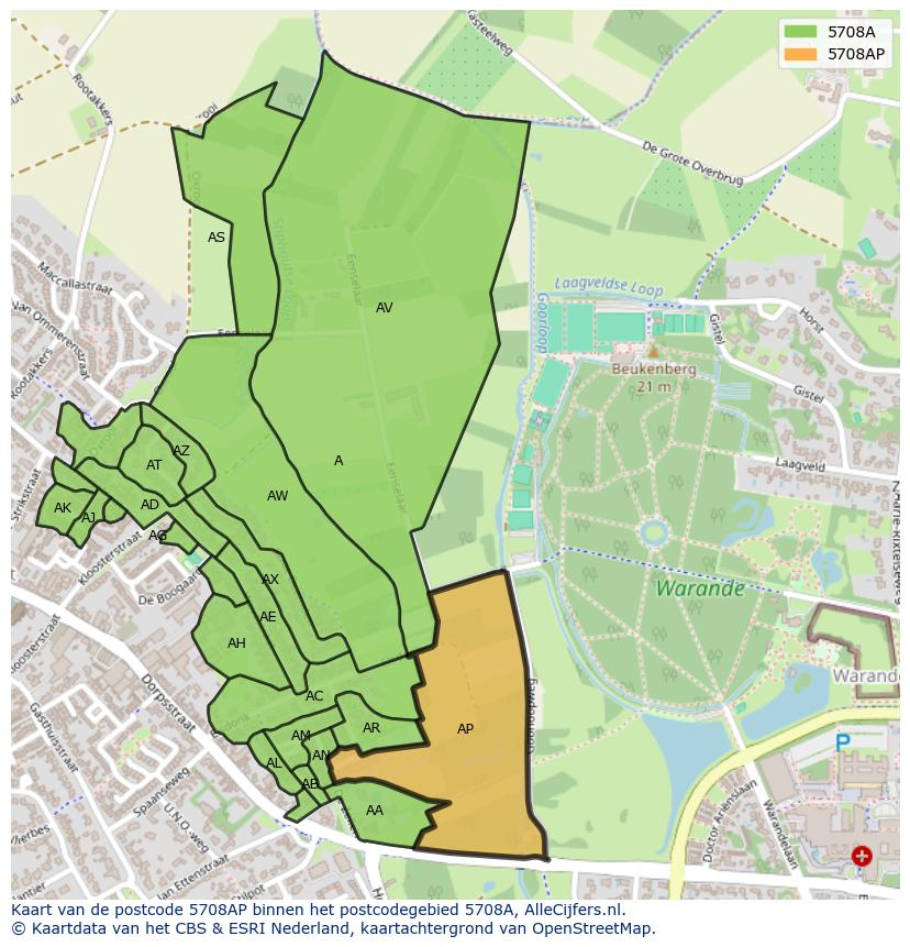 Afbeelding van het postcodegebied 5708 AP op de kaart.