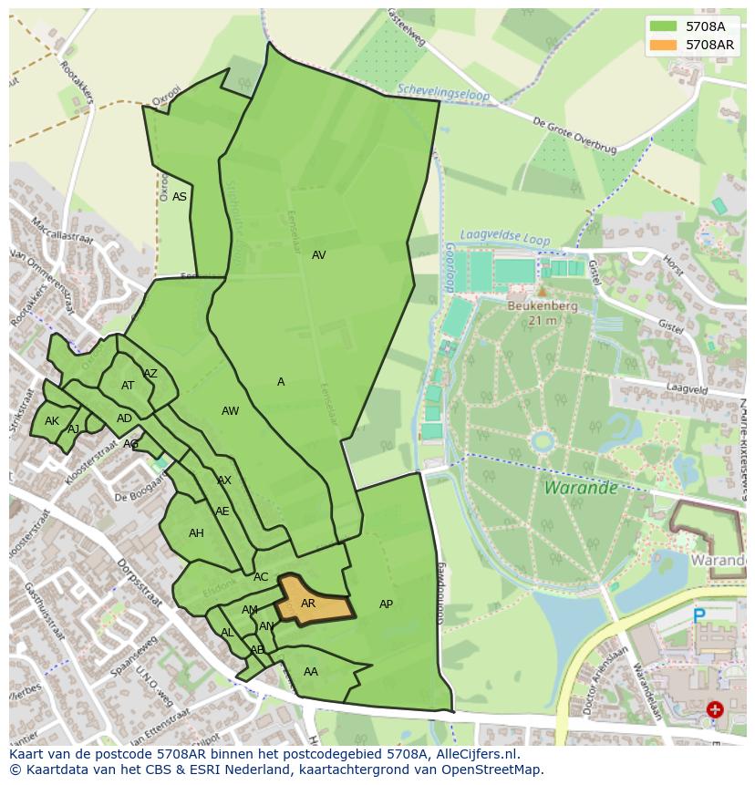 Afbeelding van het postcodegebied 5708 AR op de kaart.