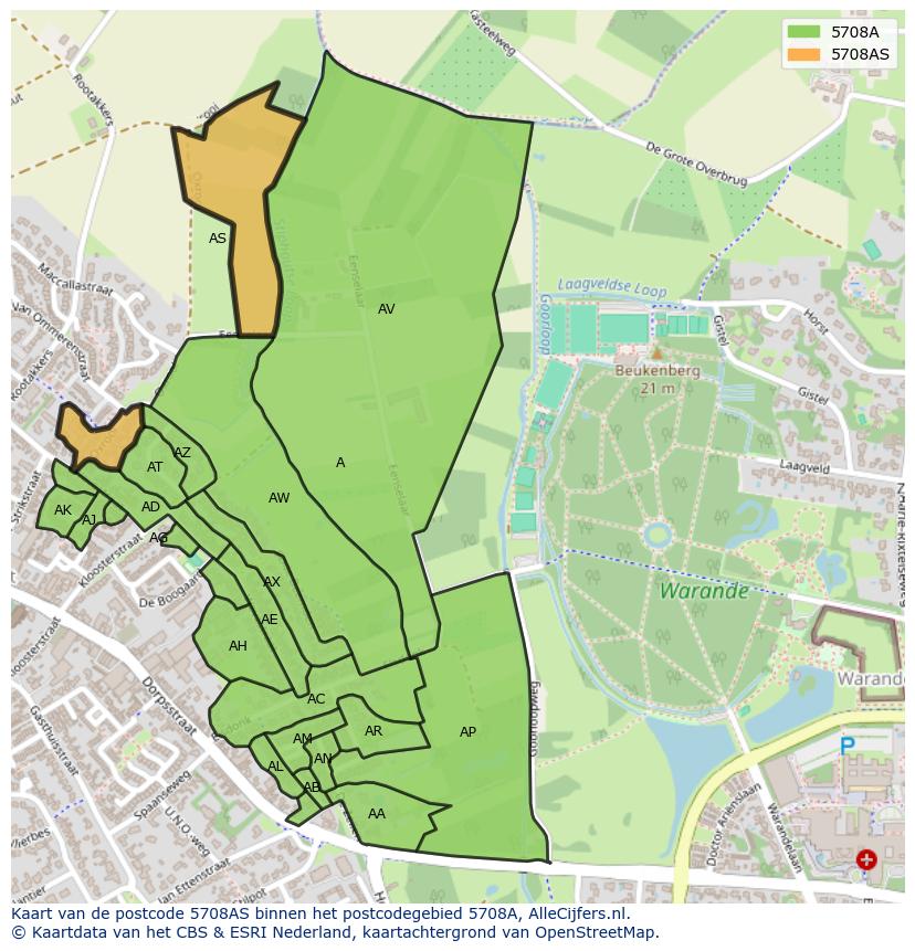 Afbeelding van het postcodegebied 5708 AS op de kaart.