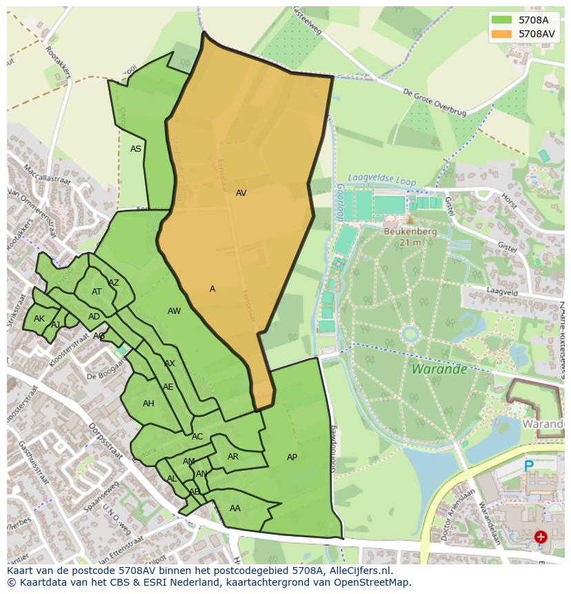 Afbeelding van het postcodegebied 5708 AV op de kaart.