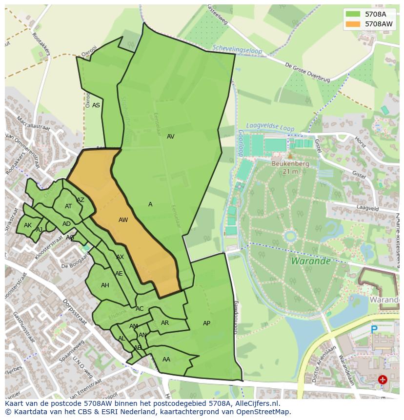 Afbeelding van het postcodegebied 5708 AW op de kaart.