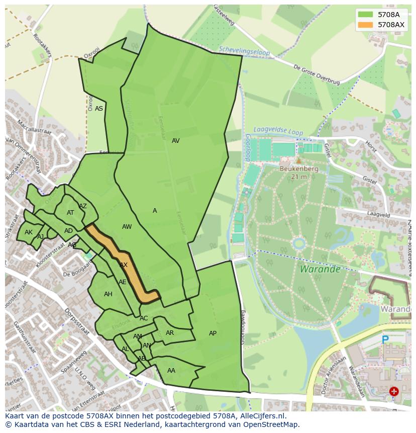 Afbeelding van het postcodegebied 5708 AX op de kaart.