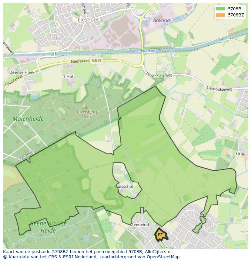 Afbeelding van het postcodegebied 5708 BZ op de kaart.