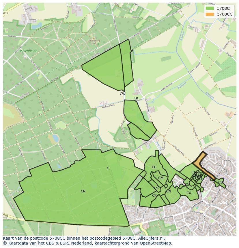 Afbeelding van het postcodegebied 5708 CC op de kaart.